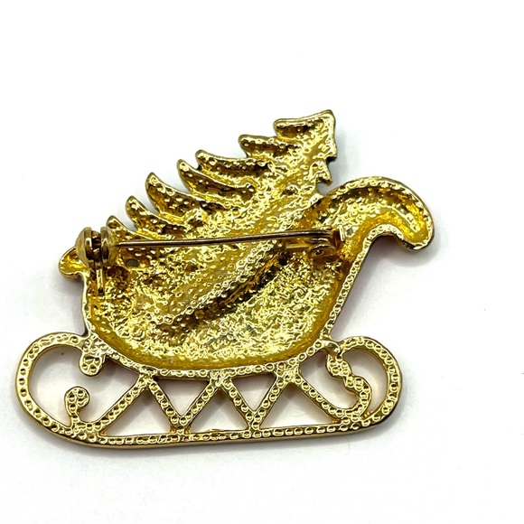 Festive Red and Green Poinsettias and Red Sled Christmas Tree Brooches - Picture 4 of 9